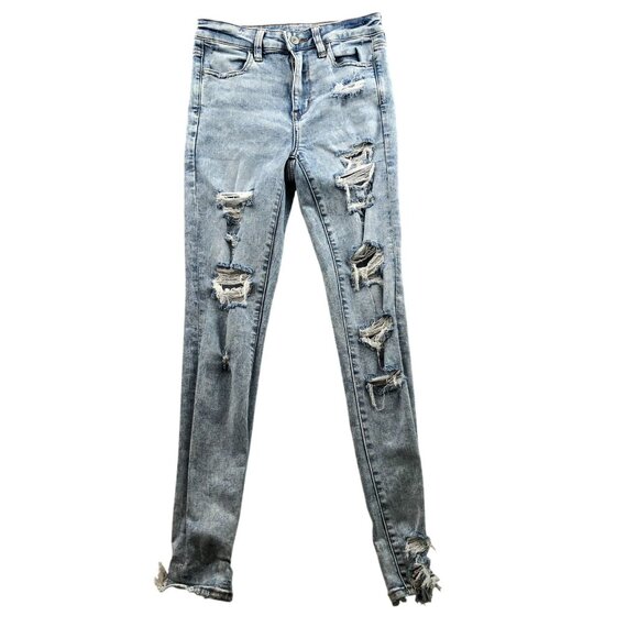 American Eagle Womens Jeans Sz 4 Skinny Distressed Blue Denim Frayed Hem Stretch - Picture 1 of 16